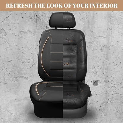 CAR PASS Universal FIT Piping Leather Two Front Seat Covers, Waterproof Faux Leather for SUV Sedan Van Truck, Airbag Compatible,Reserved Opening Holes for Headrest Covers. (Black and Beige)