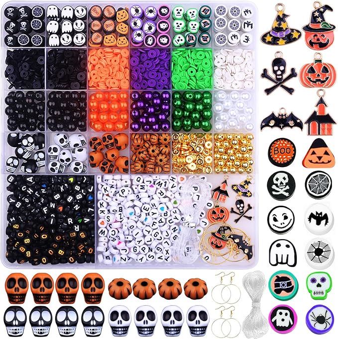 2088pcs Halloween Polymer Clay Beads Bracelet Making kit, 24 Style Cute Fun Beads Skull Pumpkin Beads Charms for Jewelry Necklace Earring Making DIY Accessories for Women Girls