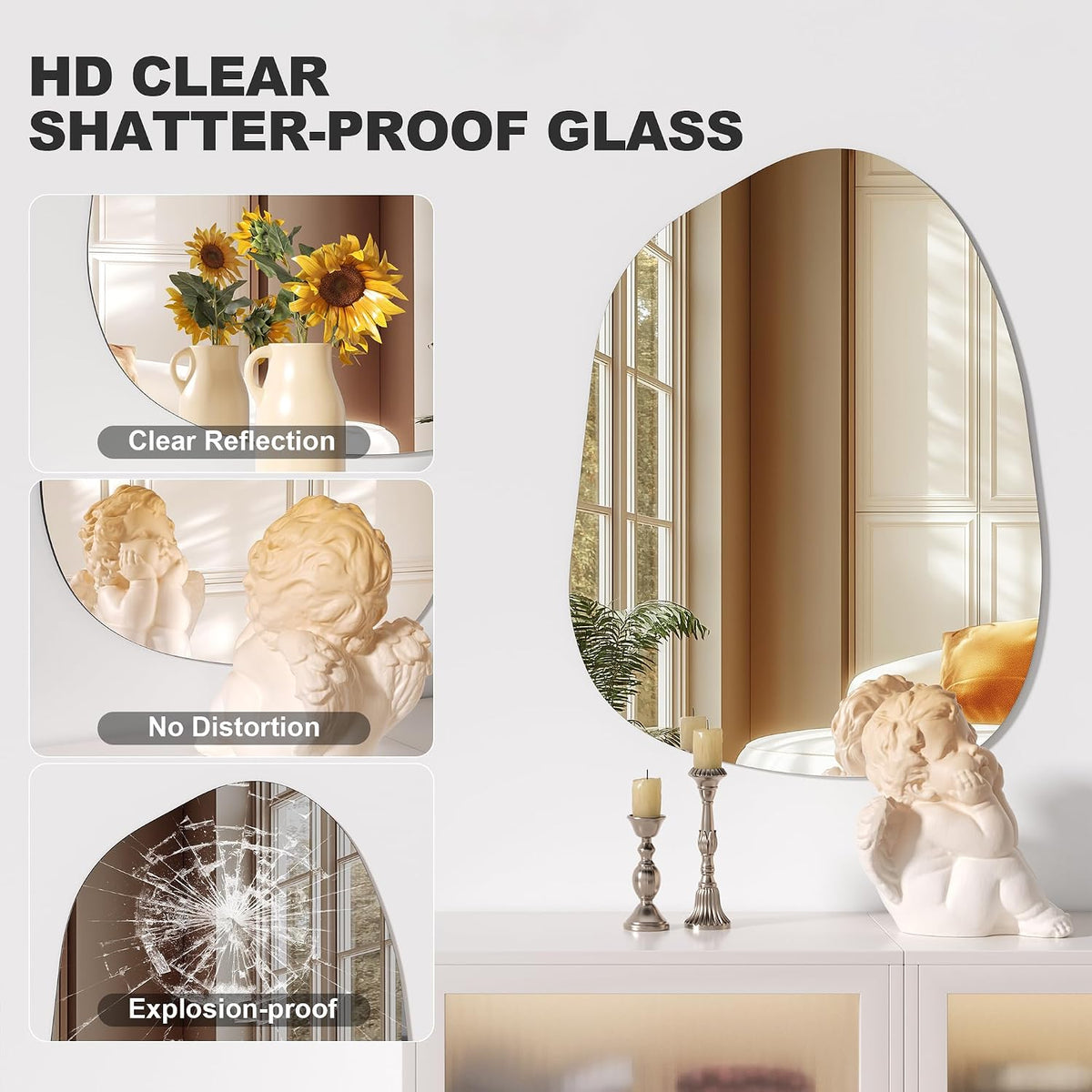 Hasipu 32"x24" Irregular Wall Mirror Frameless Asymmetrical Mirror for Wall | Frameless Wall Mirror, 4mm Tempered Glass, Horizontal & Vertical, Wall Mount, Bathroom, Bedroom, Modern Home Decor