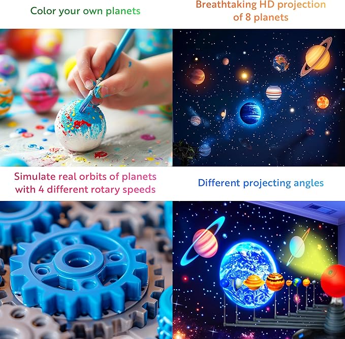 Playz Premium Solar System Model Kit for Kids - 4 Speed Motor, HD Planetarium Projector, 8 Painted Planets & 8 White Foam Balls with Paint and Brush for a Hands-On STEM DIY Project for Space Toys