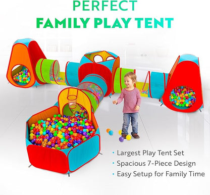 Playz 7pc Kids Play Tent with 1 Big Ball Pit for Babies, 3 Play Tunnel for Toddlers, and 3 Pop Up Tents Playhouse Bundle, Best Birthday Gift for Boys & Girls, Indoor & Outdoor Use Portable Play Center