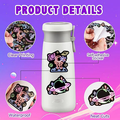 52 Pcs Neon Astronaut Stickers for Kids, Waterproof Space Sticker for Water Bottle, Vinyl Laptop Decals for Teens Girls Boys, Students Adults Sticker Pack