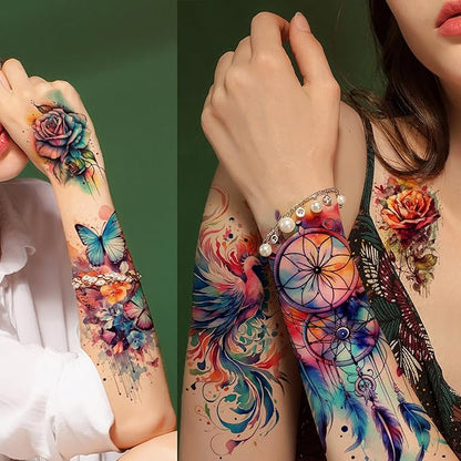 52 Realistic Temporary Tattoos for Women Adults - Long Lasting Waterproof Fake Flower Tattoo Stickers, 3D Roses Birds Wolf Floral Arm Neck Body Art for Gifts(Kids Safe)