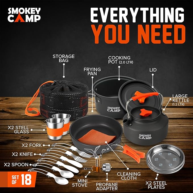 Camping Cookware Mess Kit Set with Stove - Backpacking Camping Pots and Pans Set, All in One Non-Stick Camping Cooking Set, Portable Stove, Hiking, Picnic, Outdoor & Camping Cookware Set