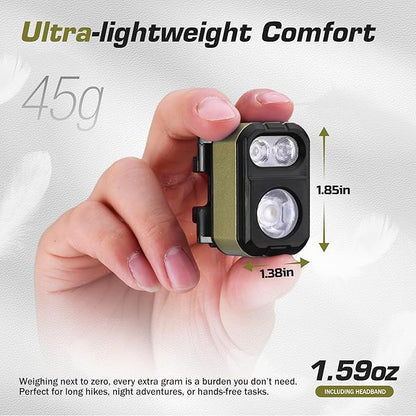 EverBrite Rechargeable LED Headlamp, Only 1.59 OZ Ultra-Light with Hat Clip, IP67 Waterproof, White/Red/Green Light, 7 Modes for Camping, Running and Backpacking-Green
