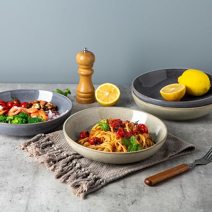 AmorArc 8.5'' Large Pasta Bowls, 36oz Stoneware Pasta Serving Bowls Set of 6 for Kitchen, Wide Bowls for Pasta,Salad,Fruit,Oatmeal, Microwave Safe, Reactive Glaze-Gray