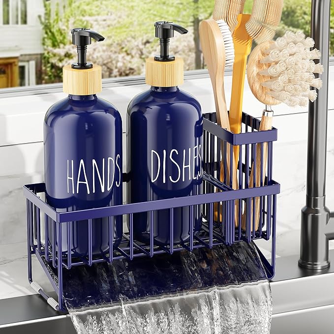 Cisily Navy Blue Kitchen Dish Soap Dispenser, 16 fl Oz Dual Kitchen Soap