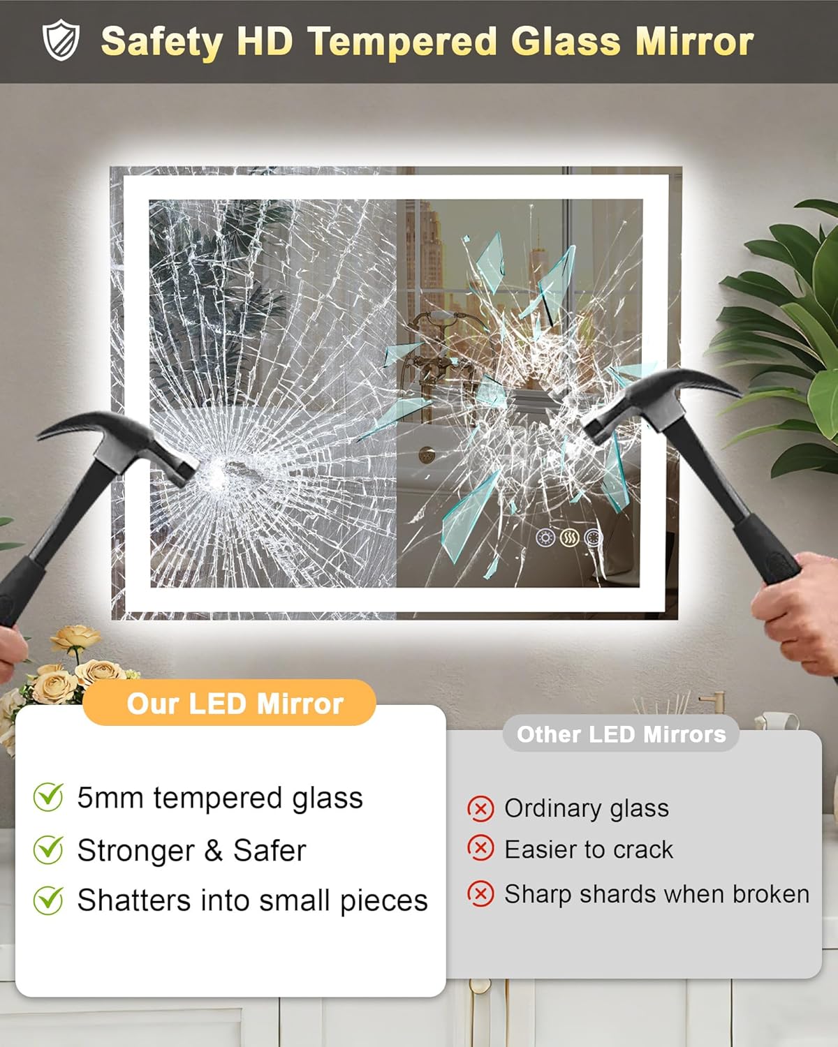 24x32 LED Bathroom Mirror, 6000LM, Separate Front and Back Lights | UL Certified,Shatter-Resistant Tempered Glass,Auto-Off Defogger,3 Color Modes,Smooth Dimming,Smart Memory Setting