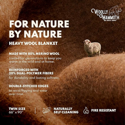 Woolly Mammoth Woolen Company Camping Blanket - 66 x 90 in, Tan - Outdoor Throw Blanket for Backpacking & Cold Weather - Heavy Wool Throw for Survival & Hiking