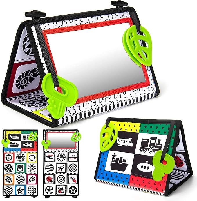 teytoy Tummy Time Baby Mirror Toys with Teethers, Double Black and White High Contrast Baby Toys 0-6 Months, Foldable Floor Sensory Development Toys for Infants Newborn