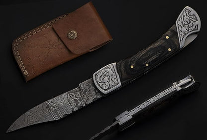 8.5" long Folding Knife, Wood Scale with Engraved steel bolster, custom made 4.25" Hand Forged Damascus steel blade Cow hide leather sheath with belt loop (Black)