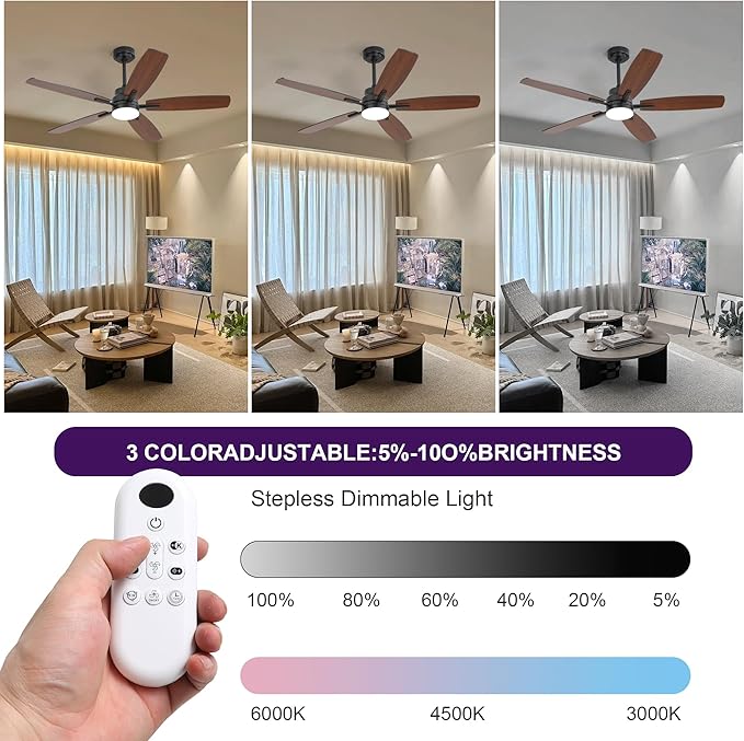 ARTPLAN 52" Ceiling Fan with Light and Remote, Noiseless DC Motor & Reversible