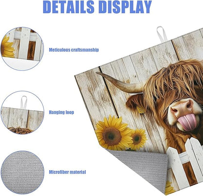 Sunflower Highland Cow Dish Drying Mat
