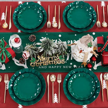 LIYH 50 Pcs Dark Green Plastic Plates Reusable Christmas Plastic Plates Green Christmas Plate Unbreakable Holiday Dinnerware Set Fancy Scalloped Plate Dishwasher Safe BPA Free (25Guests)