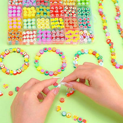 Gionlion Fruit Polymer Clay Beads Bracelet Making Kit, Colorful Clay Beads with Lemon, Strawberry, Avocado, and Watermelon Designs for DIY Jewelry, Bracelet & Necklace Making Crafts