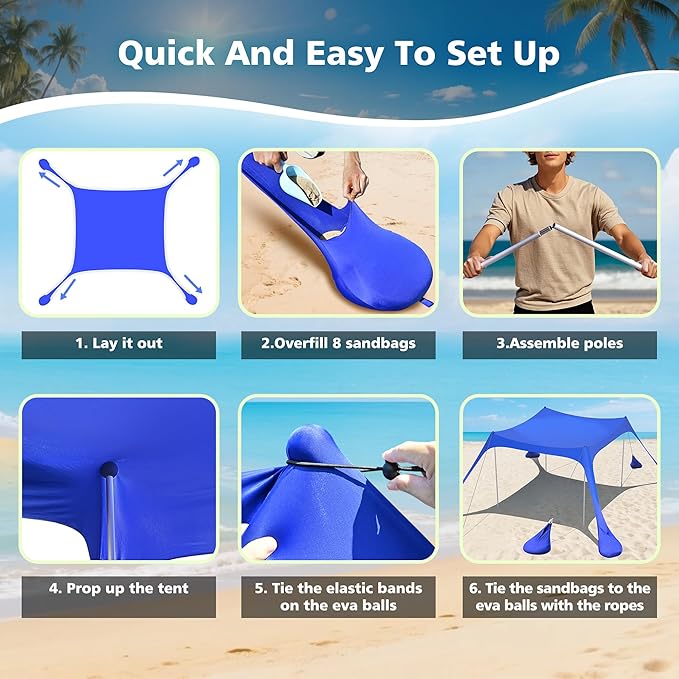 2PM SPORTS Beach Tent Canopy with UPF50+ UV Protection, Outdoor Large Beach Sun Shade Shelter for Family Picnic Camping Travel Shore Fishing, 8 Sandbags, Sand Shovel (Leaf, 10x10 FT)