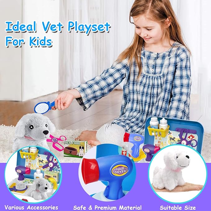 TEUVO Pet Care Playset, 16Pcs Kids Doctor Kit with Plush Dog & Backpack for Dog Grooming & Feeding, Pet Doctor Pretend Play Toys for 3 4 5 6 7 Years Old Girls Boys Birthday