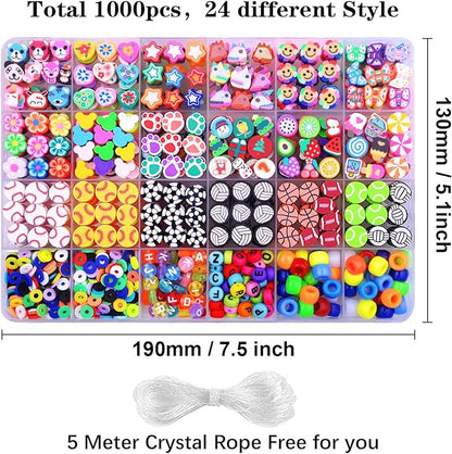 1000PCS Polymer Clay Beads Bracelet Making kit, 24 Style Cute Fun Sports Ball Beads Baseball Basketball Soccer Rugby Volleyball Football Charms, DIY Bracelet Making kit