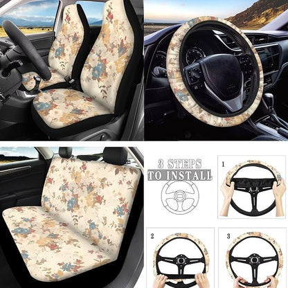 Retro Peony Car Seat Cover Set of 10, Classical Retro Peony Flower Automotive Rear Front Seat Protector Car Interior Cover, Nordic Ditsy Floral Safety Belt Coaster Keychain