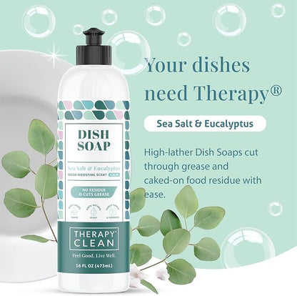 Therapy Clean Dish Soap, 100% Natural Fragrance, Plant-Based Dishwashing Liquid (Sea Salt & Eucalyptus (Soothe & Calm), 16 oz (1-pack)