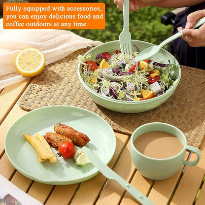 HOMQUEN 6-Piece Camping Mess Kit with Bowl, Plate, Cup, Spoon, Fork, Knife and Carry Bag, Plastic Camping Accessories Essentials Gear for Travel, Camping, Picnic, Outdoor, Easy to Carry & Store
