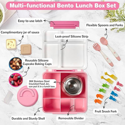 Bento Lunch Box with 9.5 oz Soup Thermo, Kids Leakproof 4 Compartments Bento Box with Silicone Cupcake,Fruit Fork,Spoon and Sauce Cup,Insulated Food Jar for School Travel-Rainbow Horse