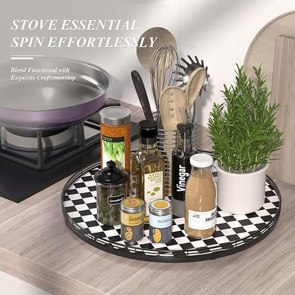 21" Black and White Kitchen Lazy Susan Turntable, Round Checkered Decorative