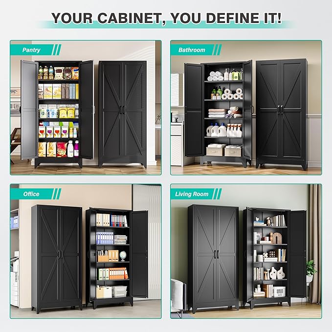 75" Tall Pantry Cabinet,Farmhouse Kitchen Pantry Storage Cabinets with 2 Doors and 4 Shelves,Black Metal Storage Cabinet,Large Cupboard for Home,Kitchen,Dining/Living Room