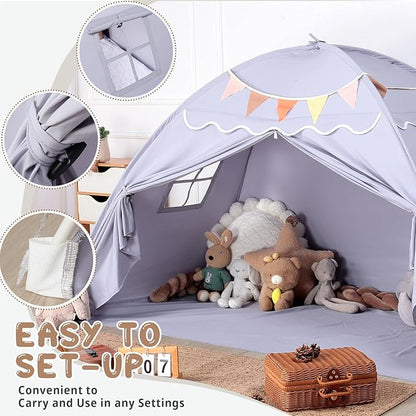 Sumbababy Toddler Bed Tent Canopy: Lights & Flags Indoor Floor Bed Kids Tent Playhouse - Portable & Foldable Twin Bunk Bed Curtains - Girls & Boys Bedroom Privacy Space Sleeping Tents Gifts (Gray)