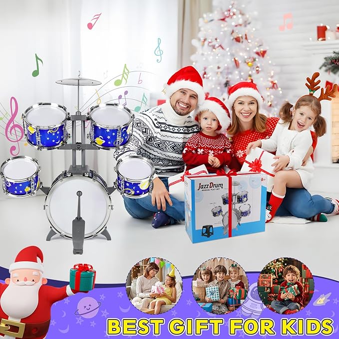 M SANMERSEN Upgraded Kids Jazz Drum Set Toddler Toy Drum Set with Stool, Plastic Rock Jazz Drum Kit Musical Toys Gift for Boys Girls 1-3 3-5