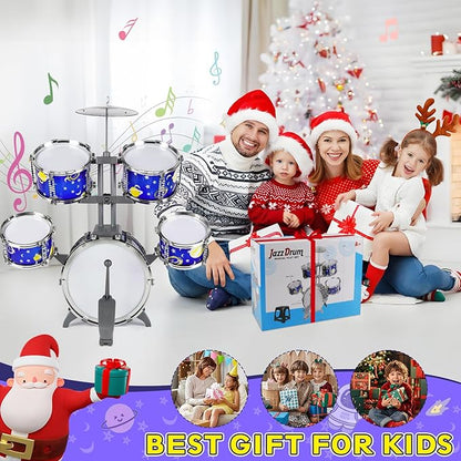 M SANMERSEN Upgraded Kids Jazz Drum Set Toddler Toy Drum Set with Stool, Plastic Rock Jazz Drum Kit Musical Toys Gift for Boys Girls 1-3 3-5