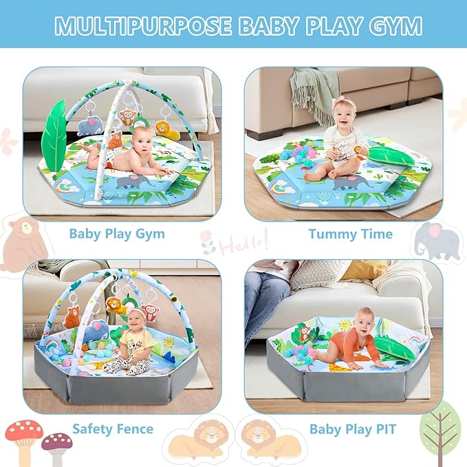 Baby Gym Play Mat, 8-in-1 Tummy Time Mat & Activity Gym Mat Ball Pit with Detachable Toys, Washable Infant Play Mat for Visual, Hearing, Sensory, Motor Development, Newborn Baby Toys Gift for Toddler 0-3-6-9-12 Months Easy to Install