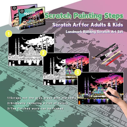 Scratch Art Painting Kit for Adults-8 Sheets A4 Rainbow Scratch Painting Paper Craft Set with City Landmarks|Stress Relief Gift for Travel&Craft Lovers|Scratch Art Home Decor(Asian Series)