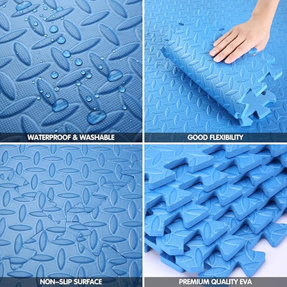 Coolcandy EVA Foam Play Mat, 16 Tiles Colorful Baby Play Mat, Square Kids Playmat with Solid Colored, 0.4" Thickened Interlocking Foam Floor Tiles, Puzzle Play Mat for Baby Lying, Playing (Blue)