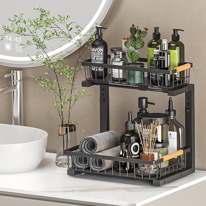 Liuoud Under Sink Organizer 2 Pack, 2 Tier Slide Out Large Capacity Height