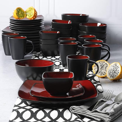 Gibson Elite Soho Lounge Square Reactive Glaze Stoneware Dinnerware Set, Service for 8 (40pc), Red/Black