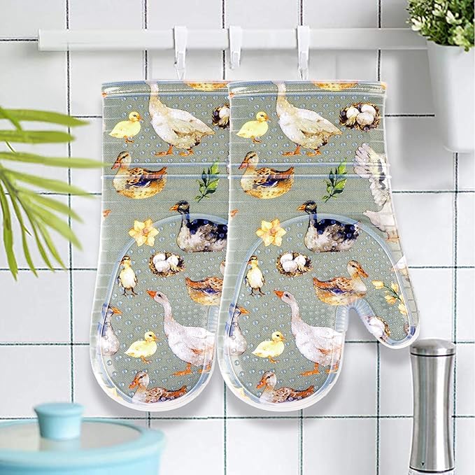 Oven Mitts Set of 2 with Transparent Clear Silicone Shell and Nice Duck