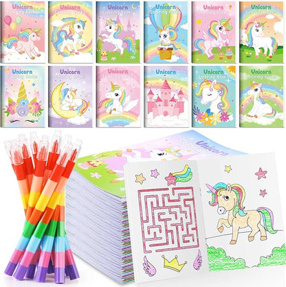 BenLouis 12 Unicorn Mini Coloring Books Kids with 12 Stacking Crayons Unicorn Birthday Party Favors Small Activity Books Bulk for Kids Rainbow Party Gift Goodie Bag Stuffers