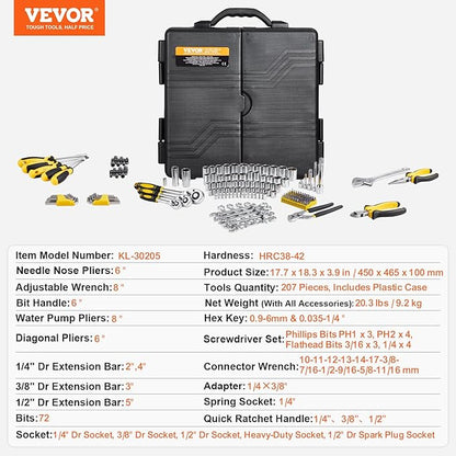 VEVOR Mechanics Tool Set 207 Pieces 1/4" 3/8" 1/2" Drive Sockets -SAE and