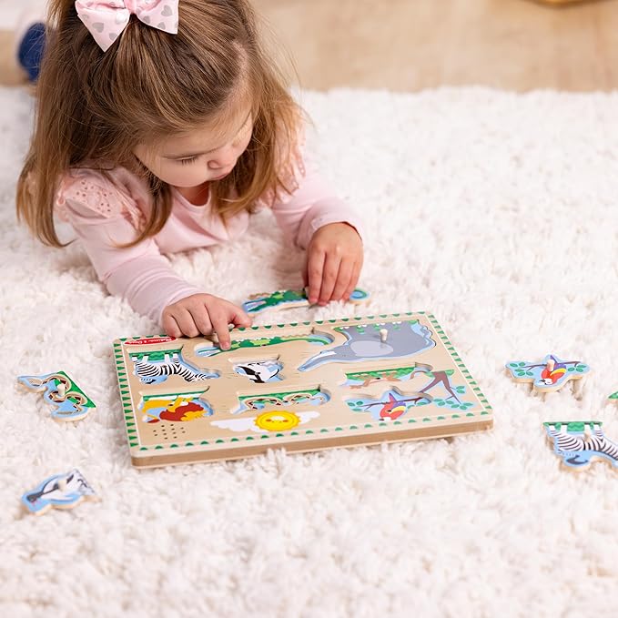 Melissa & Doug Zoo Animals Sound Puzzle – 8-Piece Wooden Peg Puzzle with Light-Activated Sounds, Music Learning Toy for Toddlers and Preschoolers Ages 2+