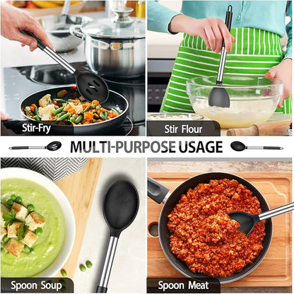 Pack of 4 Large Silicone Cooking Spatulas and Spoons, Slotted and Solid