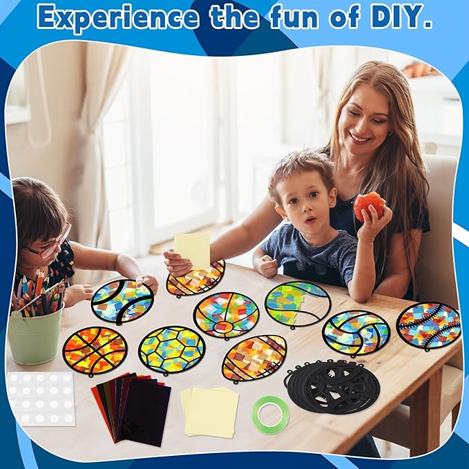 32 Sets Sports Ball Suncatchers Craft Kit DIY Window Stained Glass Effect Football Baseball Basketball Paper Craft Home School Classroom Decoration Kid Birthday Gift Creative Art Project Activity Game