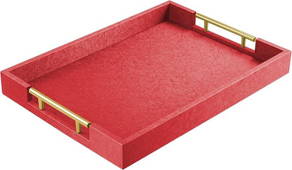17" x 12" Wood Serving Tray with Gold Polished Metal Handles, Home Decorative Wooden Rectangle Ottoman Leather Decor Platter Bathroom Vanity Tray for All Occasions Red