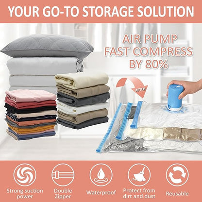 Cozy Essential 16 Pack Vacuum Storage Bags with Electric Pump, Vacuum Seal Space Saver Bags for Clothing, Pillows, Blanket, Bedding, Comforters