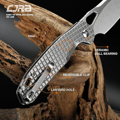 CJRB Frack Pocket Knife, 3.9" AR-RPM9 Steel Blade PVD Coating Frag Pattern Steel Handle EDC Knife, Button Lock Knife for Outdoor Camping Gift, Stonewash (J1931)