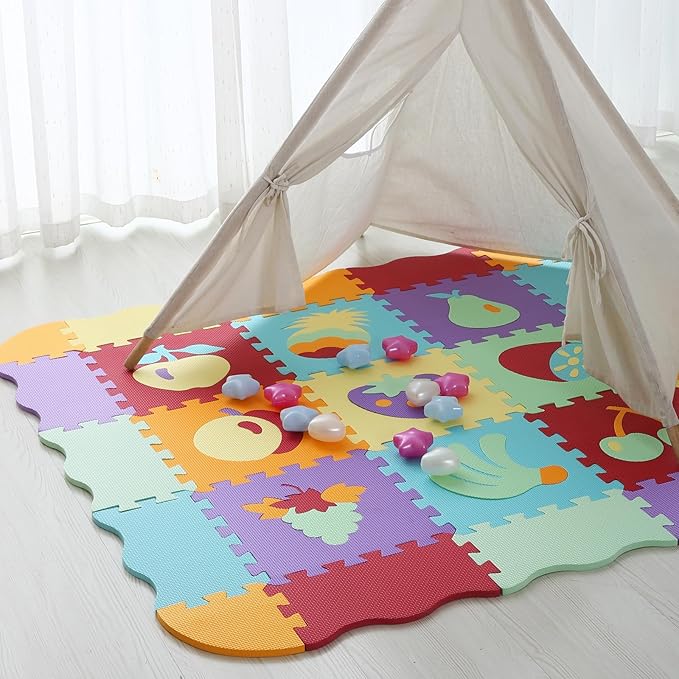 Foam Play Mat for Kids，25Pcs Square Interlocking Puzzle Floor Mat，Baby Play Mat Floor Mat Foam Puzzle Playmat for Toddlers with Fence（Fruit-CSH008