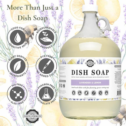 Rustic Strength Natural Dish Soap with Lavender and Lemon, Gallon Glass | Plant Based Cleaners, Streak Free Shine, Helps Remove Grease & Food Residue,Rich Lather