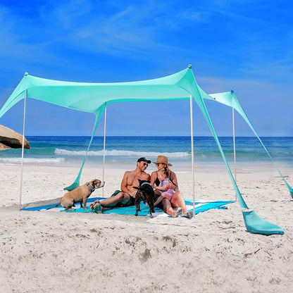 SUN NINJA Beach Tent Sun Shelter UPF50+ - Easy Pop Up Beach Canopy - Outdoor Shade for Camping Trips, Fishing, Backyard Fun Picnics - Sand Shovel, Ground Pegs & Stability Poles