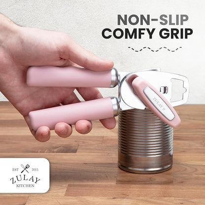 Zulay Kitchen Heavy Duty Stainless Steel Can Opener Manual with Bottle Opener - Rust Proof Manual Can Opener With Turn Knob & Comfy Soft Grip Handles - Light Pink