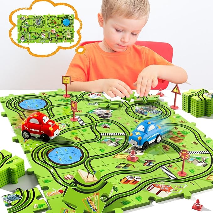 48PCS Puzzle Race Track Car Set for Toddlers Kids Boys, Toddler Toys Gifts for 3 4 5 Year Old Boys and Girls, Floor Puzzle Tracks Car Toys for Ages 3-5 4-6